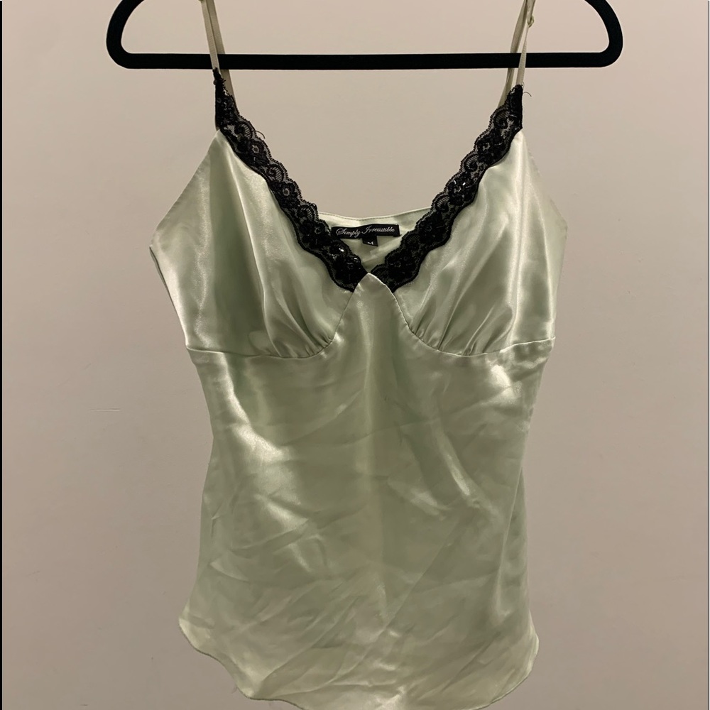 Silk light green tank with black lacy trimming